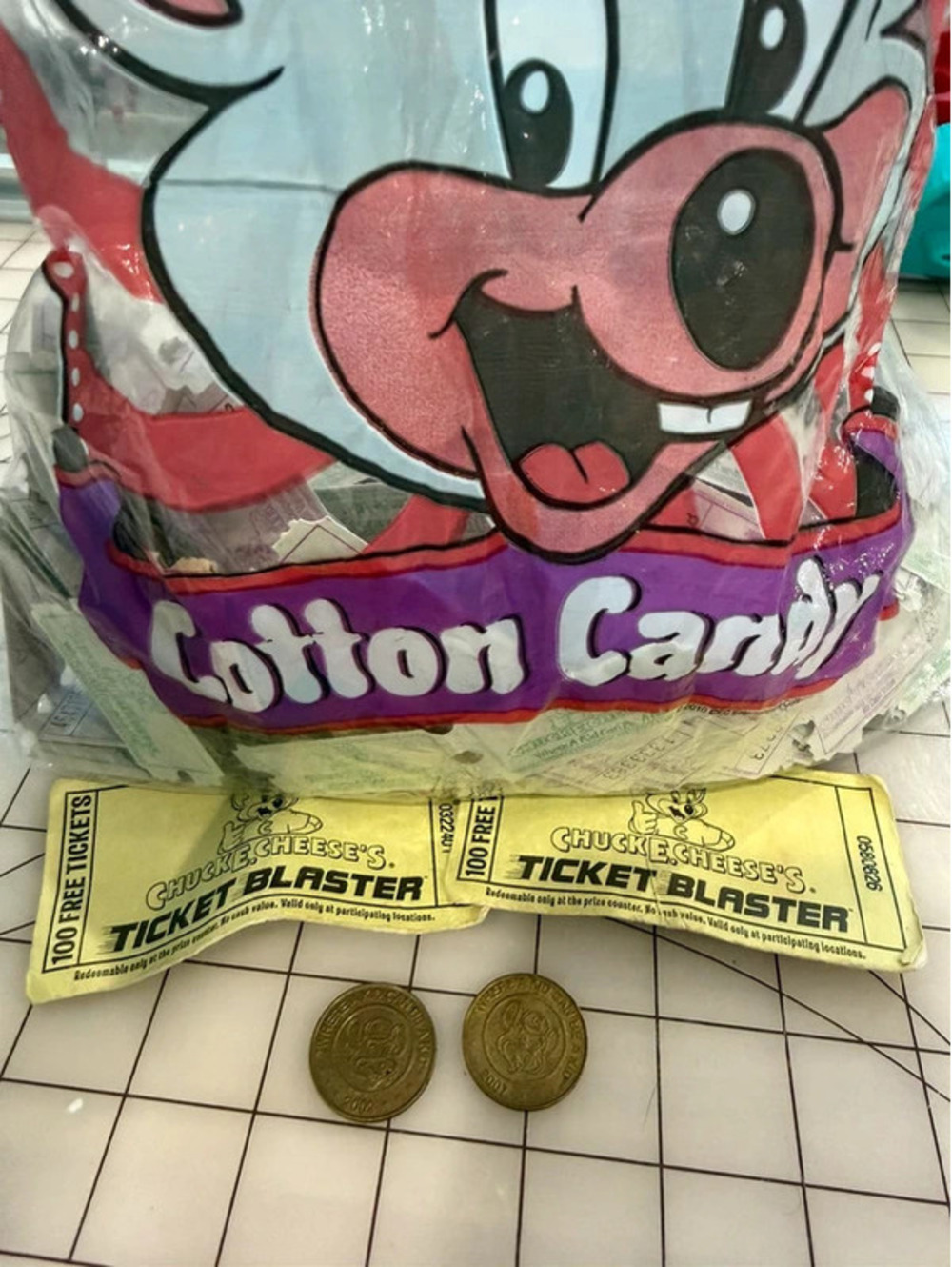 Vintage Chuck E. Cheese Cotton Candy Bag 622 Tickets Ticket Blasters Coins Lot